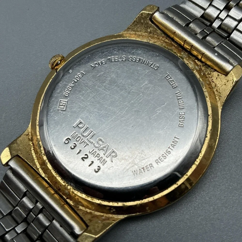 Vintage Pulsar Mens Watch 34mm Gold Tone Round V501-X080 New Battery 7.5